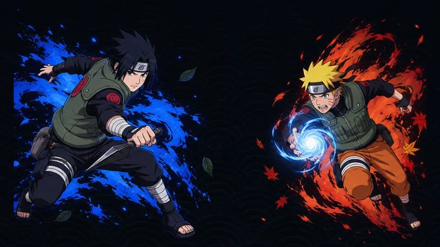 Sasuke, no chakra azul, e Naruto, com o Rasengan, frente a frente